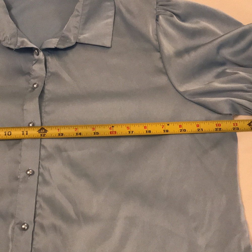 NWOT~ Puff Sleeve Baby Blue Satin Button-Up Blouse - Picture 6 of 7